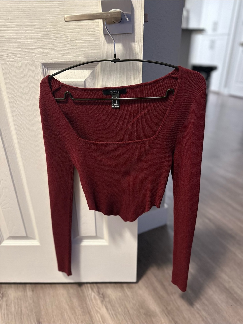 Forever 21 Burgundy Square Neck Ribbed Long Sleeve Crop Top